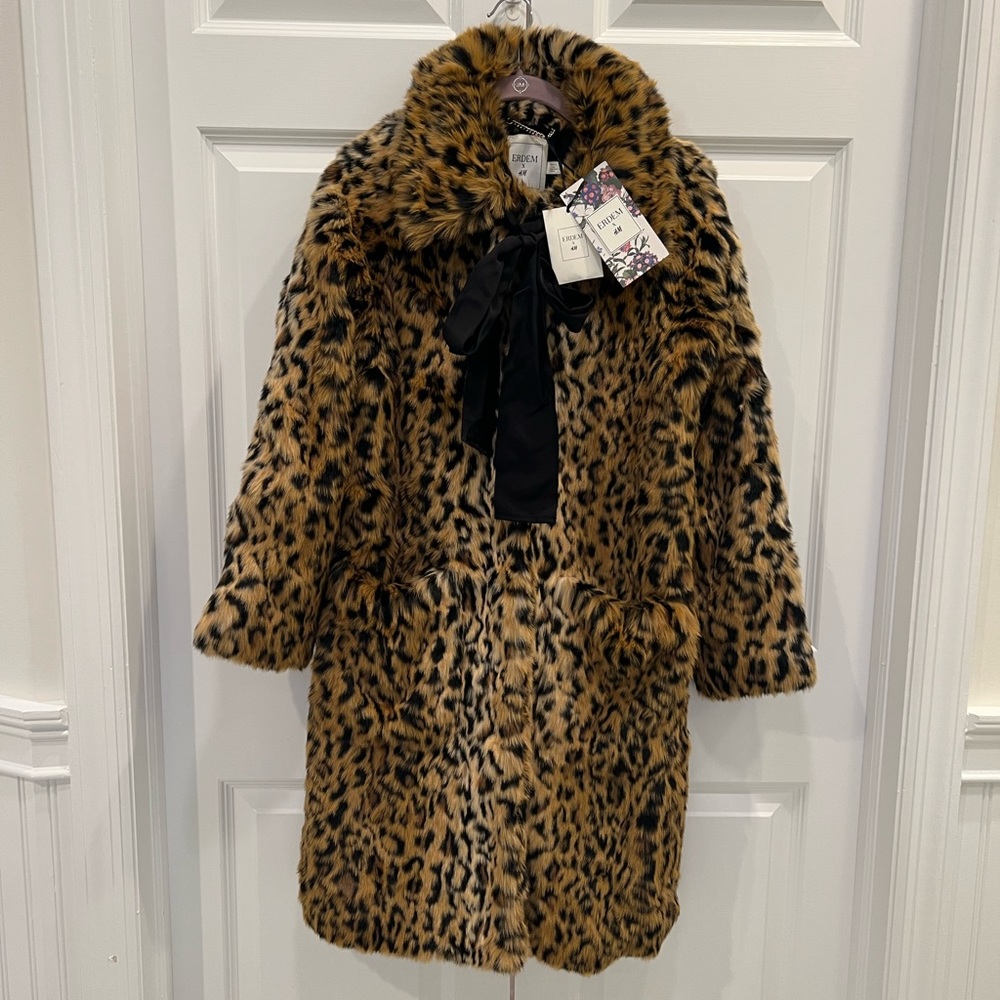 NWT Erdem x H&M leopard faux fur coat size 4